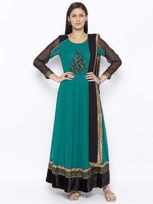 Nikhaar Creations Green Embroidered Georgette Anarkali Trouser Kurta Dupatta