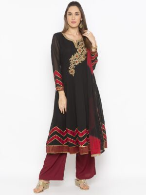 Nikhaar Creations Black Embroidered Georgette A Line Palazzo Kurta Dupatta