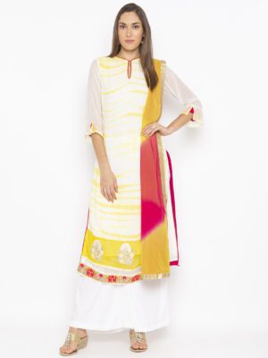 Nikhaar Creations Off White Embroidered Georgette Straight Palazzo Kurta Dupatta