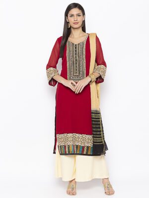 Nikhaar Creations Maroon Embroidered Georgette Straight Trouser Kurta Dupatta