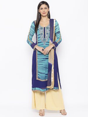 Nikhaar Creations Blue Embroidered Georgette Straight Trouser Kurta Dupatta