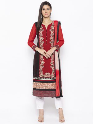 Nikhaar Creations Red Embroidered Georgette Straight Trouser Kurta Dupatta