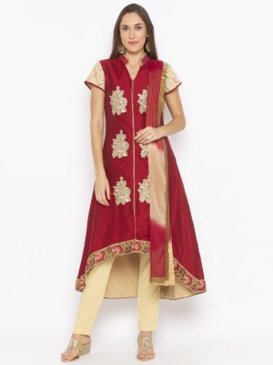 Nikhaar Creations Maroon Embroidered Cotton Silk Asymmetrical Trouser Kurta Dupatta