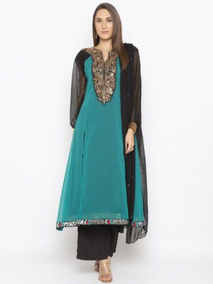 Nikhaar Creations Teal-Green Embroidered Georgette Kalidar Palazzo Kurta Dupatta
