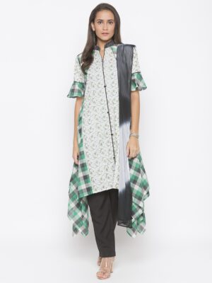 Nikhaar Creations Off-White Embroidered Cotton Asymmetrical Trouser Kurta Dupatta