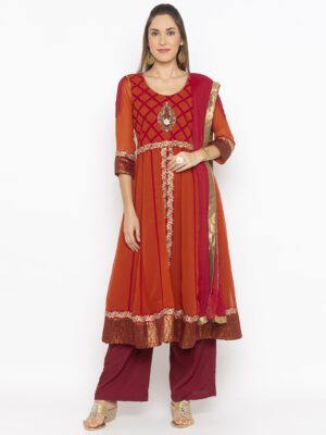 Nikhaar Creations Rust Embroidered Georgette Kalidar Palazzo Kurta Dupatta