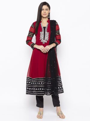Nikhaar Creations Maroon Embroidered Georgette Kalidar Trouser Kurta Dupatta