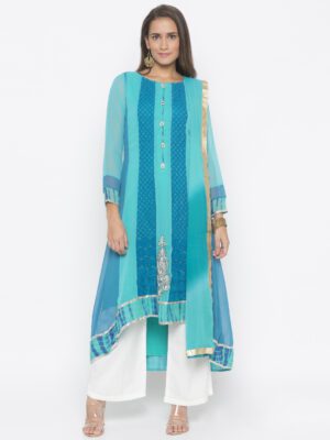 Nikhaar Creations Light Blue Embroidered Georgette Asymmetrical Palazzo Kurta Dupatta