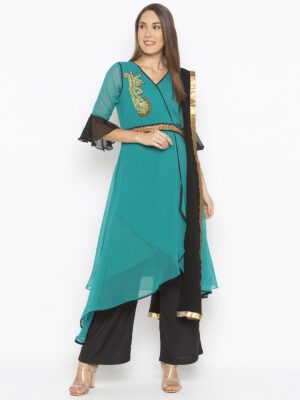 Nikhaar Creations Green Embroidered Georgette Asymmetrical Culottes Kurta Dupatta