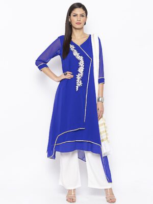 Nikhaar Creations Blue Embroidered Georgette Flaired Palazzo Kurta Dupatta