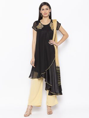 Nikhaar Creations Black Embroidered Georgette Asymmetrical Culottes Kurta Dupatta