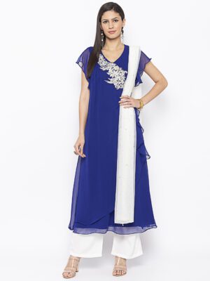 Nikhaar Creations Blue Embroidered Georgette Asymmetrical Culottes Kurta Dupatta