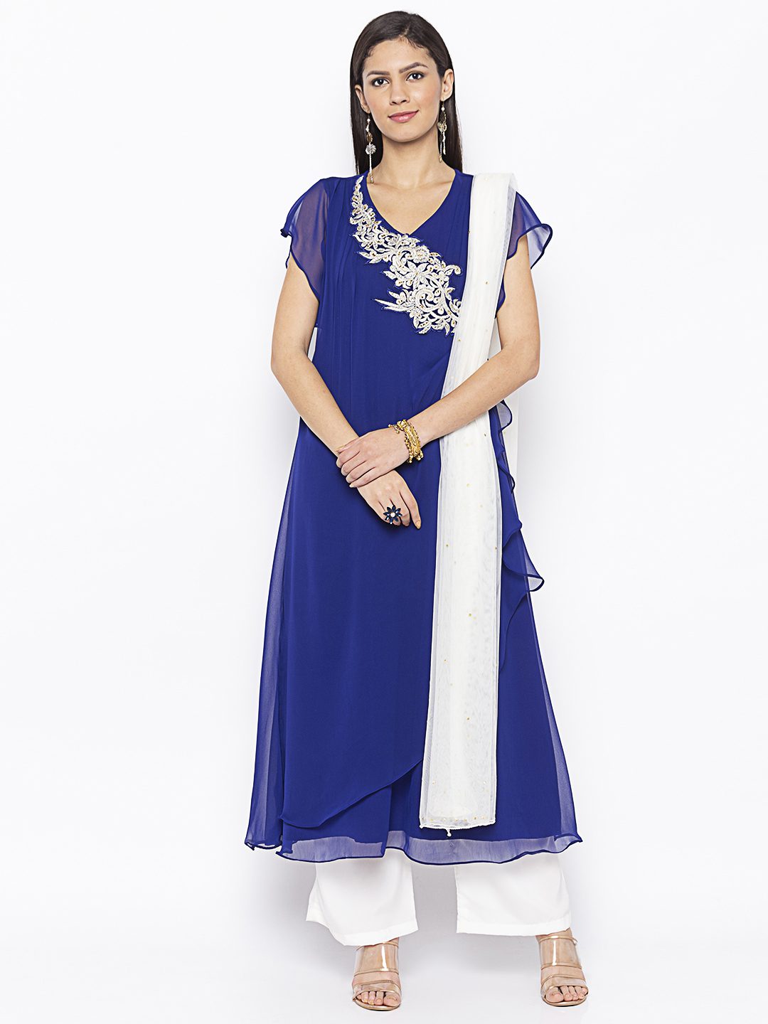Nikhaar Creations Blue Embroidered Georgette Asymmetrical Culottes Kurta Dupatta - Image 2