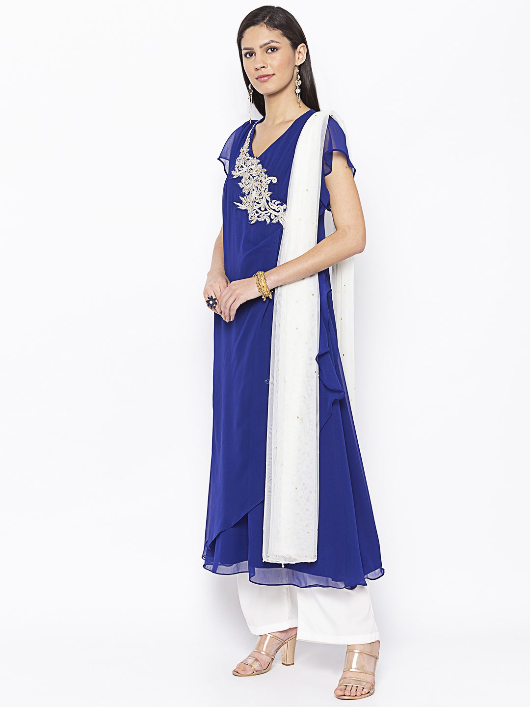 Nikhaar Creations Blue Embroidered Georgette Asymmetrical Culottes Kurta Dupatta - Image 3