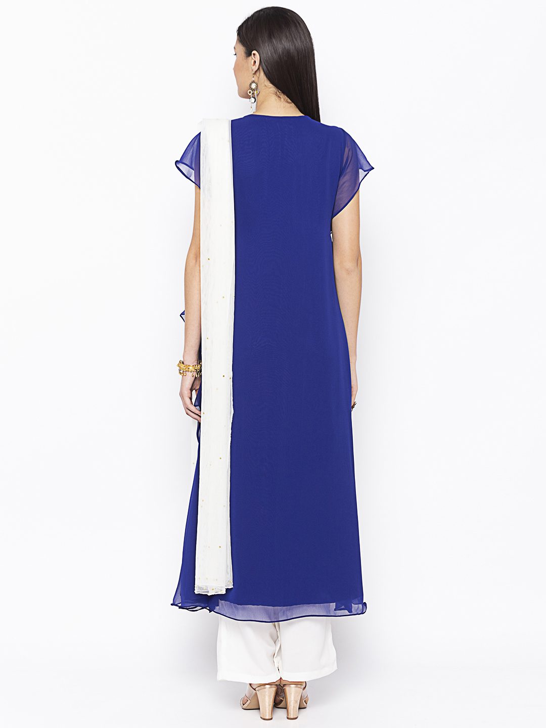 Nikhaar Creations Blue Embroidered Georgette Asymmetrical Culottes Kurta Dupatta - Image 4
