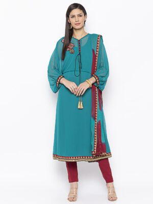 Nikhaar Creations Green Embroidered Georgette A Line Trouser Kurta Dupatta