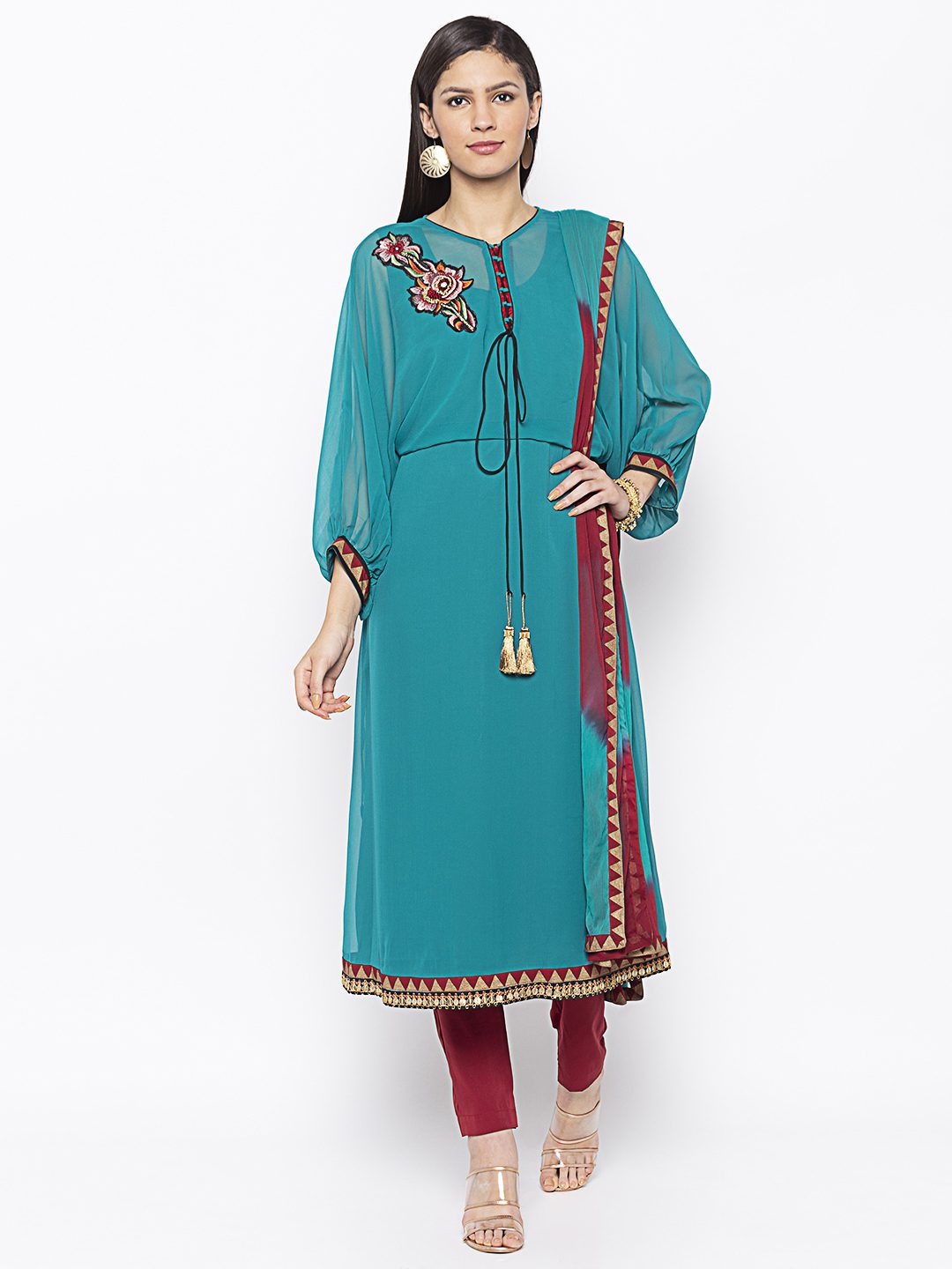 Nikhaar Creations Green Embroidered Georgette A Line Trouser Kurta Dupatta - Image 2