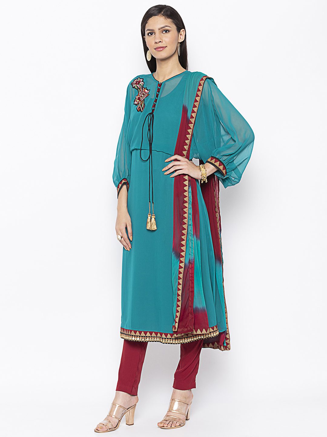 Nikhaar Creations Green Embroidered Georgette A Line Trouser Kurta Dupatta - Image 3