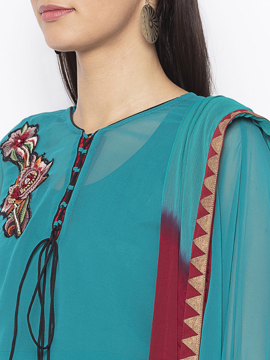 Nikhaar Creations Green Embroidered Georgette A Line Trouser Kurta Dupatta - Image 5