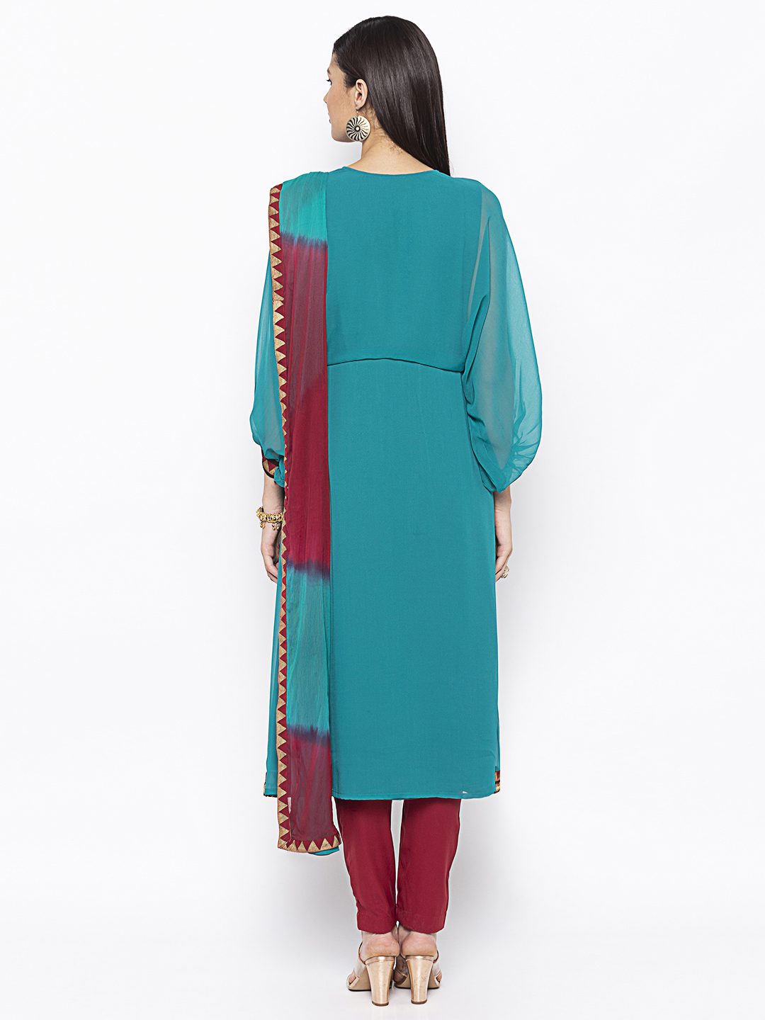 Nikhaar Creations Green Embroidered Georgette A Line Trouser Kurta Dupatta - Image 4