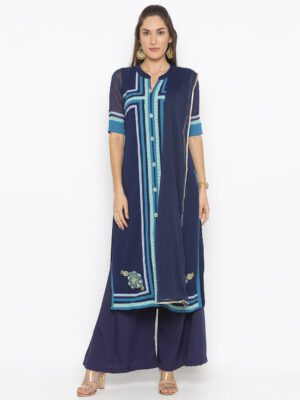 Nikhaar Creations Blue Embroidered Georgette Straight Palazzo Kurta Dupatta