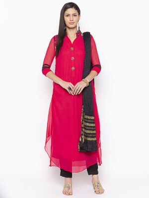 Nikhaar Creations Pink Georgette Asymmetrical Trouser Kurta Dupatta