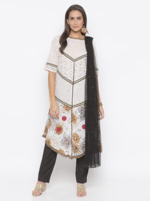 Nikhaar Creations Off White Cotton A Line Trouser Kurta Dupatta