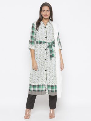 Nikhaar Creations Off White Cotton A Line Trouser Kurta Dupatta