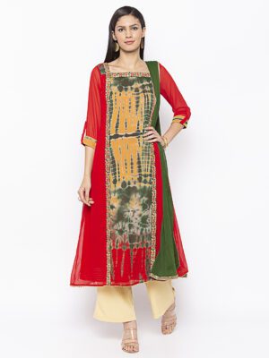 Nikhaar Creations Red Embroidered Georgette A Line Palazzo Kurta Dupatta