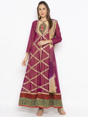 Nikhaar Creations Purple Embroidered Georgette A Line Trouser Kurta Dupatta