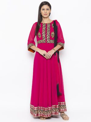 Nikhaar Creations Pink Embroidered Georgette Anarkali Trouser Kurta Dupatta