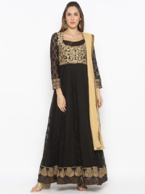 Nikhaar Creations Black Embroidered Net Anarkali Churidar Kurta Dupatta