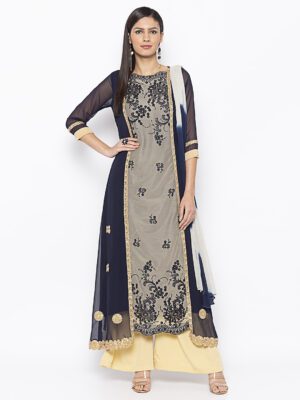 Nikhaar Creations Navy Blue Embroidered Net A Line Palazzo Kurta Dupatta