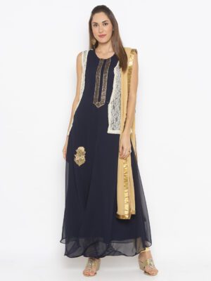 Nikhaar Creations Blue Embroidered Georgette Asymmetrical Trouser Kurta Dupatta