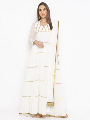 Nikhaar Creations White Embroidered Georgette A Line Churidar Kurta Dupatta