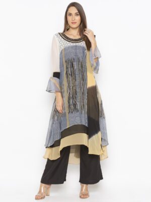 Nikhaar Creations Grey Printed Georgette Asymmetrical Palazzo Kurta Dupatta