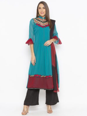 Nikhaar Creations Green Embroidered Georgette A Line Palazzo Kurta Dupatta