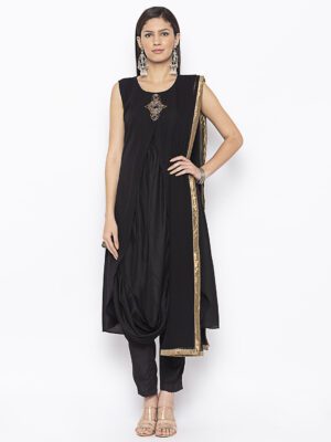 Nikhaar Creations Black Embroidered Cotton Asymmetrical Trouser Kurta Dupatta