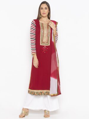 Nikhaar Creations Maroon Embroidered Georgette Straight Cut Palazzo Kurta Dupatta