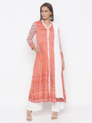 Nikhaar Creations Peach Printed Cotton A Line Palazzo Kurta Dupatta