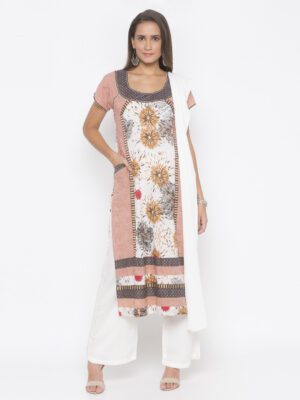 Nikhaar Creations Peach Printed Cotton Straight Palazzo Kurta Dupatta