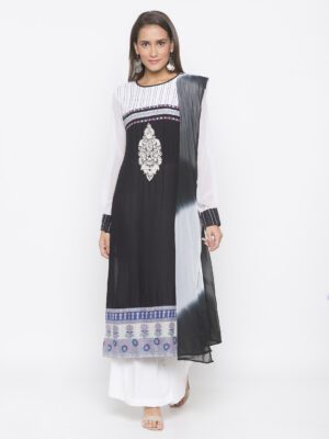 Nikhaar Creations Black Embroidered Cotton Straight Palazzo Kurta Dupatta