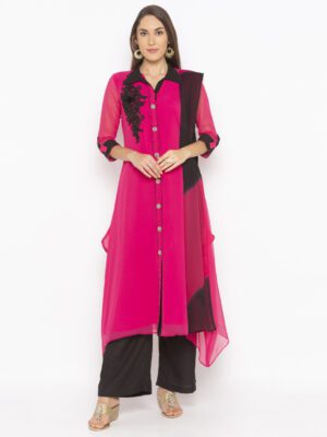 Nikhaar Creations Pink Embroidered Georgette Asymmetrical Parallel Pants Kurta Dupatta