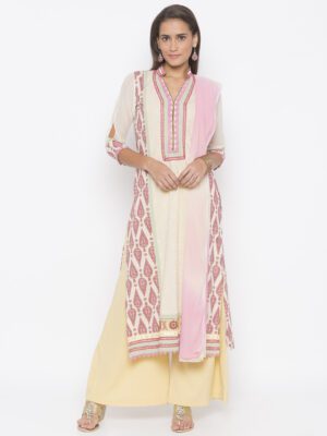 Nikhaar Creations Cream Printed Cotton Straight Palazzo Kurta Dupatta