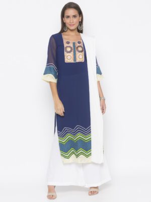 Nikhaar Creations Navy Blue Embroidered American Crepe Straight Palazzo Kurta Dupatta