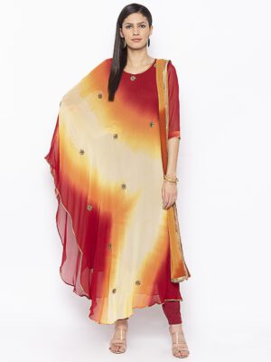 Nikhaar Creations Maroon Embroidered Georgette Asymmetrical Trouser Kurta Dupatta