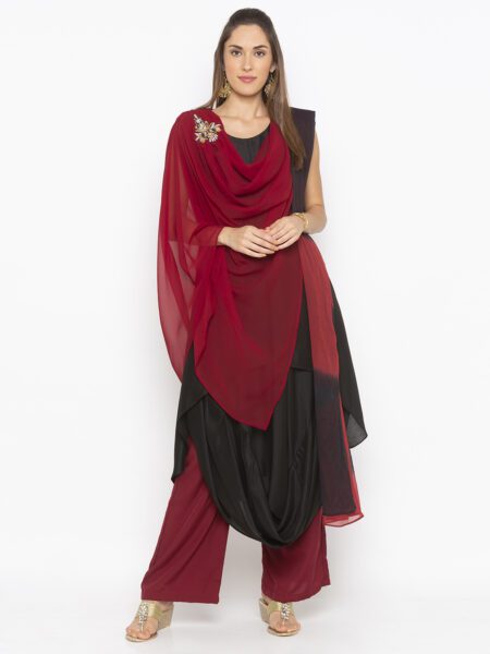 Nikhaar Creations Maroon Embroidered Cotton Asymmetrical Palazzo Kurta Dupatta