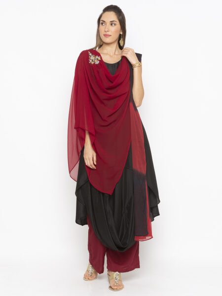 Nikhaar Creations Maroon Embroidered Cotton Asymmetrical Palazzo Kurta Dupatta - Image 2