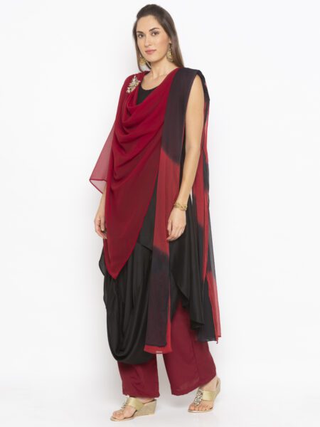 Nikhaar Creations Maroon Embroidered Cotton Asymmetrical Palazzo Kurta Dupatta - Image 3