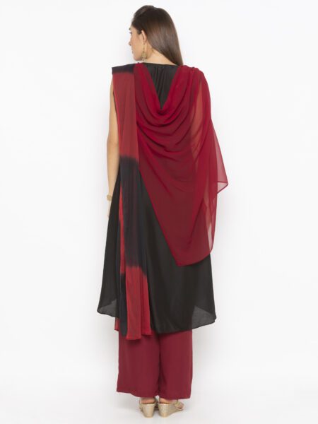 Nikhaar Creations Maroon Embroidered Cotton Asymmetrical Palazzo Kurta Dupatta - Image 5